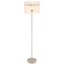 Stojací lampa, kov pískové barvy, saténové skleněné tyče, černý PVC kabel, nožní spínač na kabelu, Ø:38cm, V:150cm, délka kabelu 180cm, bez žárovky 1xE27, max. 60W 230V