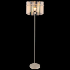 Stojací lampa, kov pískové barvy, saténové skleněné tyče, černý PVC kabel, nožní spínač na kabelu, Ø:38cm, V:150cm, délka kabelu 180cm, bez žárovky 1xE27, max. 60W 230V