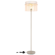 Stojací lampa, kov pískové barvy, saténové skleněné tyče, černý PVC kabel, nožní spínač na kabelu, Ø:38cm, V:150cm, délka kabelu 180cm, bez žárovky 1xE27, max. 60W 230V