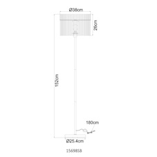 Stojací lampa, kov pískové barvy, saténové skleněné tyče, černý PVC kabel, nožní spínač na kabelu, Ø:38cm, V:150cm, délka kabelu 180cm, bez žárovky 1xE27, max. 60W 230V