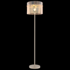 Stojací lampa, kov pískové barvy, saténové skleněné tyče, černý PVC kabel, nožní spínač na kabelu, Ø:38cm, V:150cm, délka kabelu 180cm, bez žárovky 1xE27, max. 60W 230V