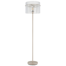 Stojací lampa, kov pískové barvy, saténové skleněné tyče, černý PVC kabel, nožní spínač na kabelu, Ø:38cm, V:150cm, délka kabelu 180cm, bez žárovky 1xE27, max. 60W 230V
