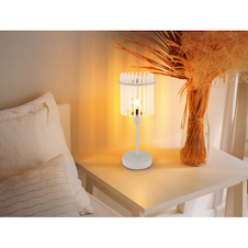 Stolní lampa, pískově zbarvený kov, saténové skleněné tyče, černý PVC kabel, kolébkový vypínač na kabelu, Ø:15cm, V:37,5cm, délka kabelu 150cm, bez žárovky 1xE14, max. 40W 230V