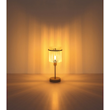 Stolní lampa, pískově zbarvený kov, saténové skleněné tyče, černý PVC kabel, kolébkový vypínač na kabelu, Ø:15cm, V:37,5cm, délka kabelu 150cm, bez žárovky 1xE14, max. 40W 230V