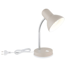 Stolní lampa, kov pískové barvy, chrom, bílá, bílý PVC kabel, kolébkový vypínač na lampě, flexibilní, DxŠxV:21,5x12,5x35cm, délka kabelu 150cm, bez žárovky 1x E27, Max. 40W 230V