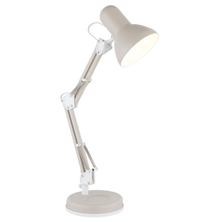 Stolní lampa, kov pískové barvy, bílý PVC kabel, kolébkový vypínač na kabelu, nastavitelná, DxŠxV:40x15x59cm, délka kabelu 150cm, bez žárovky 1x E27, Max. 40W 230V
