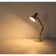 Stolní lampa, kov pískové barvy, bílý PVC kabel, kolébkový vypínač na kabelu, nastavitelná, DxŠxV:40x15x59cm, délka kabelu 150cm, bez žárovky 1x E27, Max. 40W 230V