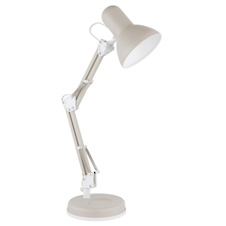 Stolní lampa, kov pískové barvy, bílý PVC kabel, kolébkový vypínač na kabelu, nastavitelná, DxŠxV:40x15x59cm, délka kabelu 150cm, bez žárovky 1x E27, Max. 40W 230V