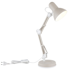 Stolní lampa, kov pískové barvy, bílý PVC kabel, kolébkový vypínač na kabelu, nastavitelná, DxŠxV:40x15x59cm, délka kabelu 150cm, bez žárovky 1x E27, Max. 40W 230V