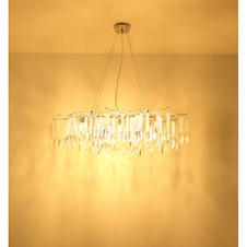 Závěsné svítidlo, stříbrný kov, čiré skleněné krystaly, DxŠxV:120x50x120cm, bez žárovek 12x E14, max. 40W 230V