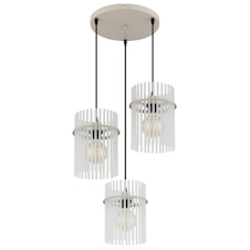 Závěsné svítidlo, kov v pískové barvě, satinované skleněné tyče, černý PVC kabel, nastavitelná výška, Ø:47cm, V:140cm, bez žárovek 3xE27, max. 60W 230V
