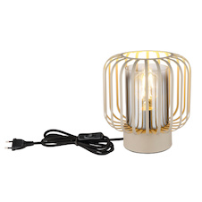 Stolní lampa, pískově zbarvený kov, kouřové sklo, průhledné, černý textilní kabel, kolébkový vypínač na kabelu, Ø:18cm, V:19cm, délka kabelu 180cm, bez žárovky 1xE27, max. 40W 230V