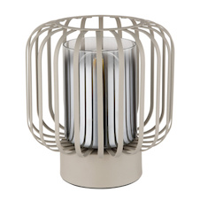 Stolní lampa, pískově zbarvený kov, kouřové sklo, průhledné, černý textilní kabel, kolébkový vypínač na kabelu, Ø:18cm, V:19cm, délka kabelu 180cm, bez žárovky 1xE27, max. 40W 230V