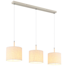 Závěsná lampa, pískově zbarvený kov, chromovaný kov, krémová tkanina, bílý PVC kabel, nastavitelná výška, DxŠxV: 90x20x120cm, bez žárovek 3x E27, max. 40W 230V