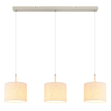Závěsná lampa, pískově zbarvený kov, chromovaný kov, krémová tkanina, bílý PVC kabel, nastavitelná výška, DxŠxV: 90x20x120cm, bez žárovek 3x E27, max. 40W 230V
