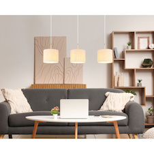 Závěsná lampa, pískově zbarvený kov, chromovaný kov, krémová tkanina, bílý PVC kabel, nastavitelná výška, DxŠxV: 90x20x120cm, bez žárovek 3x E27, max. 40W 230V