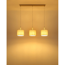Závěsná lampa, pískově zbarvený kov, chromovaný kov, krémová tkanina, bílý PVC kabel, nastavitelná výška, DxŠxV: 90x20x120cm, bez žárovek 3x E27, max. 40W 230V