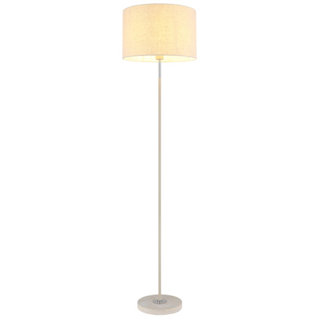 Stojací lampa, kov v barvě písku, chromovaný kov, žlutý travertinový kámen, krémová tkanina, bílý PVC kabel, nožní vypínač na kabelu, Ø:40cm, V:160cm, délka kabelu 180cm, bez žárovky 1x E27, max. 60W 230V