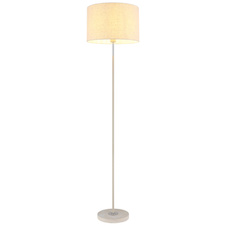 Stojací lampa, kov v barvě písku, chromovaný kov, žlutý travertinový kámen, krémová tkanina, bílý PVC kabel, nožní vypínač na kabelu, Ø:40cm, V:160cm, délka kabelu 180cm, bez žárovky 1x E27, max. 60W 230V