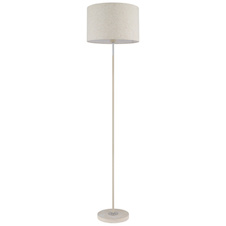 Stojací lampa, kov v barvě písku, chromovaný kov, žlutý travertinový kámen, krémová tkanina, bílý PVC kabel, nožní vypínač na kabelu, Ø:40cm, V:160cm, délka kabelu 180cm, bez žárovky 1x E27, max. 60W 230V