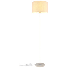 Stojací lampa, kov v barvě písku, chromovaný kov, žlutý travertinový kámen, krémová tkanina, bílý PVC kabel, nožní vypínač na kabelu, Ø:40cm, V:160cm, délka kabelu 180cm, bez žárovky 1x E27, max. 60W 230V