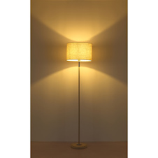 Stojací lampa, kov v barvě písku, chromovaný kov, žlutý travertinový kámen, krémová tkanina, bílý PVC kabel, nožní vypínač na kabelu, Ø:40cm, V:160cm, délka kabelu 180cm, bez žárovky 1x E27, max. 60W 230V