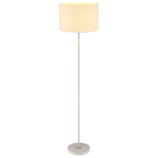Stojací lampa, kov v barvě písku, chromovaný kov, žlutý travertinový kámen, krémová tkanina, bílý PVC kabel, nožní vypínač na kabelu, Ø:40cm, V:160cm, délka kabelu 180cm, bez žárovky 1x E27, max. 60W 230V