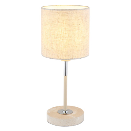 Stolní lampa, kov v barvě písku, chromovaný kov, žlutý travertinový kámen, krémová tkanina, bílý PVC kabel, kolébkový vypínač na kabelu, Ø:15cm, V:35cm, délka kabelu 150cm, bez žárovky 1xE14, max. 40W 230V