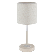 Stolní lampa, kov v barvě písku, chromovaný kov, žlutý travertinový kámen, krémová tkanina, bílý PVC kabel, kolébkový vypínač na kabelu, Ø:15cm, V:35cm, délka kabelu 150cm, bez žárovky 1xE14, max. 40W 230V