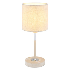 Stolní lampa, kov v barvě písku, chromovaný kov, žlutý travertinový kámen, krémová tkanina, bílý PVC kabel, kolébkový vypínač na kabelu, Ø:15cm, V:35cm, délka kabelu 150cm, bez žárovky 1xE14, max. 40W 230V