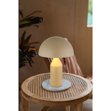 Stolní lampa, pískově zbarvený kov, bílá, černý PVC kabel, kolébkový vypínač na kabelu, Ø:28cm, V:39cm, délka kabelu 150cm, bez žárovek 2x E27, max. 40W 230V