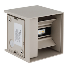 Venkovní svítidlo, hliník, matná písková barva, směr světla: nahoru a dolů, IP54, nastavitelný světelný kužel, ŠxV:10x10cm, H:10cm, 2x LED 3W 230V, zdroj 290lm, výstup 308lm, 3000K