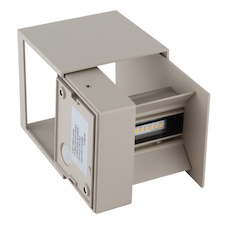 Venkovní svítidlo, hliník, matná písková barva, směr světla: nahoru a dolů, IP54, nastavitelný světelný kužel, ŠxV:10x10cm, H:10cm, 2x LED 3W 230V, zdroj 290lm, výstup 308lm, 3000K