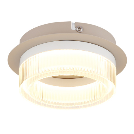 Stropní svítidlo, matný bílý kov, pískově zbarvený kov, bílý plast, průhledný plast, Ø:16cm, V:7cm, včetně LED 8W 230V, 800lm zdroj, 500lm výstup, 3000K