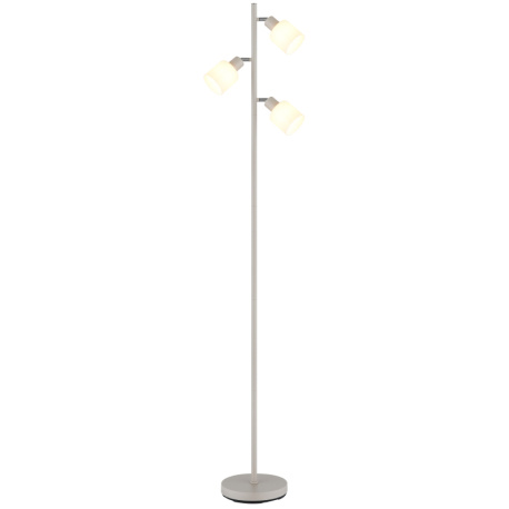 Stojací lampa, pískově zbarvený kov, chromovaný kov, bílé sklo, černý PVC kabel, nožní vypínač na kabelu, DxŠxV:33x22x160cm, délka kabelu 180cm, bez žárovek 3x E14, max. 25W 230V