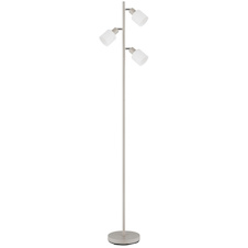 Stojací lampa, pískově zbarvený kov, chromovaný kov, bílé sklo, černý PVC kabel, nožní vypínač na kabelu, DxŠxV:33x22x160cm, délka kabelu 180cm, bez žárovek 3x E14, max. 25W 230V