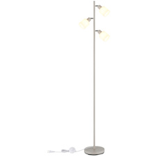 Stojací lampa, pískově zbarvený kov, chromovaný kov, bílé sklo, černý PVC kabel, nožní vypínač na kabelu, DxŠxV:33x22x160cm, délka kabelu 180cm, bez žárovek 3x E14, max. 25W 230V