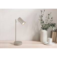 Stolní lampa, kovová, pískové barvy, bílá, kolébkový vypínač na kabelu, otočný/otočný, Ø:130cm, V:35cm, bez žárovky 1xGU10, 5W 230V