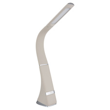Stolní lampa, plast v barvě písku, chrom, saténový povrch, dotykový stmívač, krokový spínač, bez adaptéru, USB-C - USB-C, CR18650 2200 mAh 3,7 V, DxŠxV:25x6,5x50cm, LED 5W 230V, zdroj 500lm, výstup 380lm, 5000K
