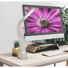 Stolní lampa, plast v barvě písku, chrom, saténový povrch, dotykový stmívač, krokový spínač, bez adaptéru, USB-C - USB-C, CR18650 2200 mAh 3,7 V, DxŠxV:25x6,5x50cm, LED 5W 230V, zdroj 500lm, výstup 380lm, 5000K