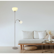 Stojací lampa, pískově zbarvený kov, bílý plast, vypínač, Flexo, Ø:26cm, V:179cm, délka kabelu 180cm, velké sklo Ø:26cm, čtecí sklo Ø:11cm, V:9cm, bez žárovky 1x E27, max. 60W 230V, bez žárovky 1x E14, max. 40W 230V