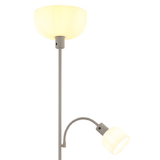 Stojací lampa, pískově zbarvený kov, bílý plast, vypínač, Flexo, Ø:26cm, V:179cm, délka kabelu 180cm, velké sklo Ø:26cm, čtecí sklo Ø:11cm, V:9cm, bez žárovky 1x E27, max. 60W 230V, bez žárovky 1x E14, max. 40W 230V
