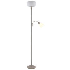 Stojací lampa, pískově zbarvený kov, bílý plast, vypínač, Flexo, Ø:26cm, V:179cm, délka kabelu 180cm, velké sklo Ø:26cm, čtecí sklo Ø:11cm, V:9cm, bez žárovky 1x E27, max. 60W 230V, bez žárovky 1x E14, max. 40W 230V