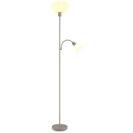 Stojací lampa, pískově zbarvený kov, bílý plast, vypínač, Flexo, Ø:26cm, V:179cm, délka kabelu 180cm, velké sklo Ø:26cm, čtecí sklo Ø:11cm, V:9cm, bez žárovky 1x E27, max. 60W 230V, bez žárovky 1x E14, max. 40W 230V