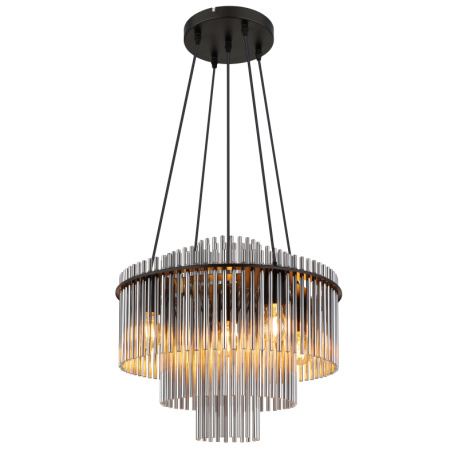 Závěsné svítidlo, matný černý kov, tyčky z kouřového skla, černý PVC kabel, výškově nastavitelné, Ø:50cm, V:120cm, bez žárovek 5xE27, max. 60W 230V