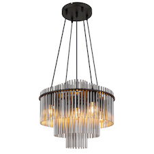 Závěsné svítidlo, matný černý kov, tyčky z kouřového skla, černý PVC kabel, výškově nastavitelné, Ø:50cm, V:120cm, bez žárovek 5xE27, max. 60W 230V