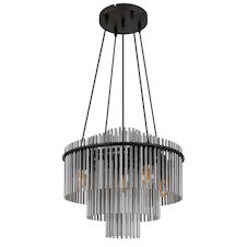 Závěsné svítidlo, matný černý kov, tyčky z kouřového skla, černý PVC kabel, výškově nastavitelné, Ø:50cm, V:120cm, bez žárovek 5xE27, max. 60W 230V