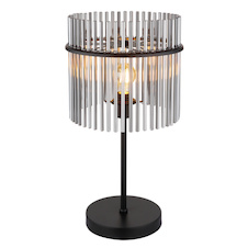 Stolní lampa, matný černý kov, kouřové skleněné tyče, černý PVC kabel, kolébkový vypínač na kabelu, Ø:30cm, V:54,5cm, délka kabelu 150cm, bez žárovky 1xE27, max. 60W 230V