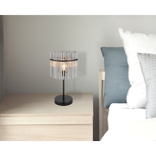 Stolní lampa, matný černý kov, kouřové skleněné tyče, černý PVC kabel, kolébkový vypínač na kabelu, Ø:30cm, V:54,5cm, délka kabelu 150cm, bez žárovky 1xE27, max. 60W 230V
