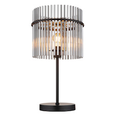 Stolní lampa, matný černý kov, kouřové skleněné tyče, černý PVC kabel, kolébkový vypínač na kabelu, Ø:30cm, V:54,5cm, délka kabelu 150cm, bez žárovky 1xE27, max. 60W 230V